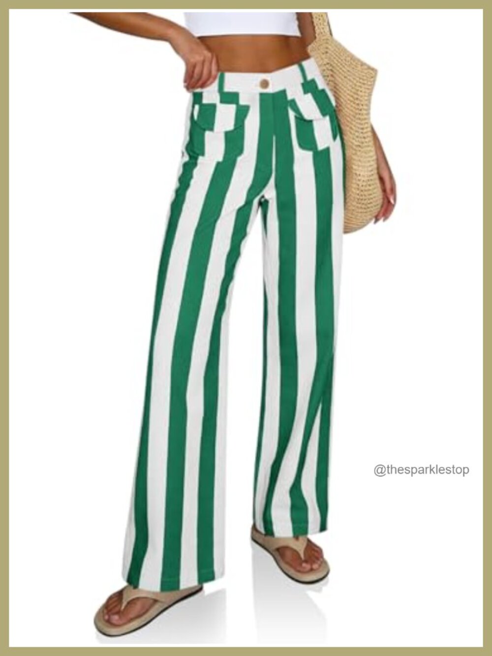 Women's Striped Wide Leg High Waist Cotton Denim Jeans Pants